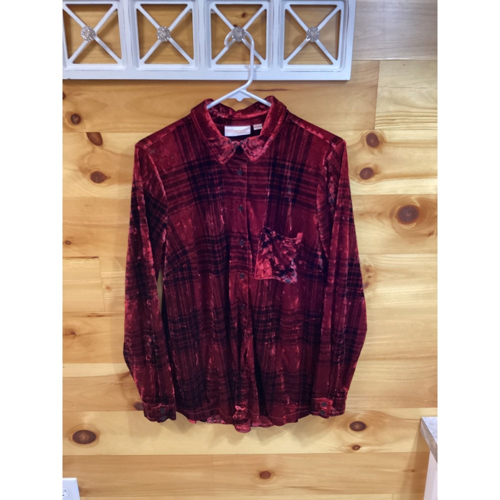 Belle by Kim Gravel Womens Red Plaid Crushed Velvet Button Down Shirt Medium